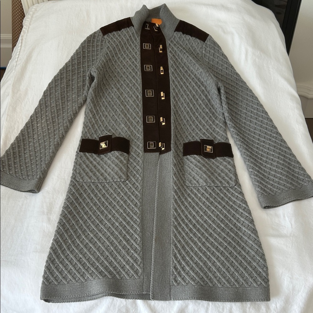 Tory Burch Gray Knit Coat with Suede and Gold Accents XS Lux+++